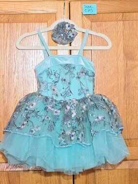 Curtain Call Costumes E2336 Aqua Floral Tutu Dance Costume CXS + Hairpiece